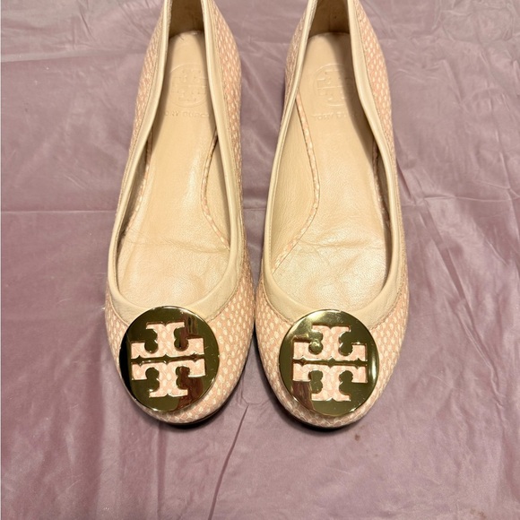 Tory Burch Reva Flat Beige/Cream Polka Dot Snake Spring Dune w/Gold Size 7 $248 - Picture 4 of 11